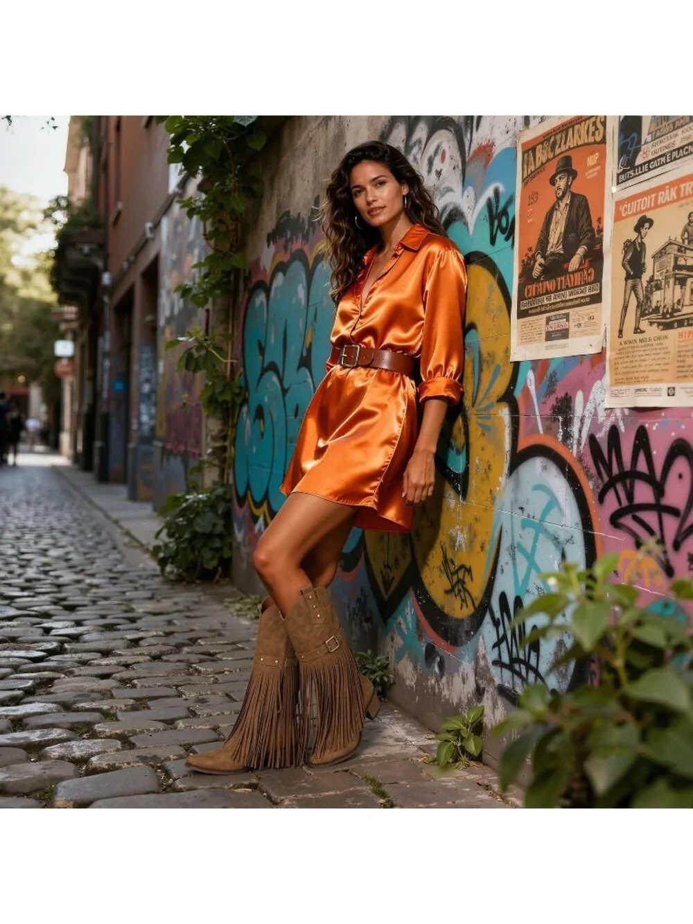 Women's Light Brown Retro Block Chunky Fringe Wide Calf Long Knee High Boots